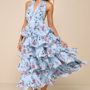 Lulus Exceedingly Gorgeous Light Blue Floral Tiered Halter Midi Dress - Size L